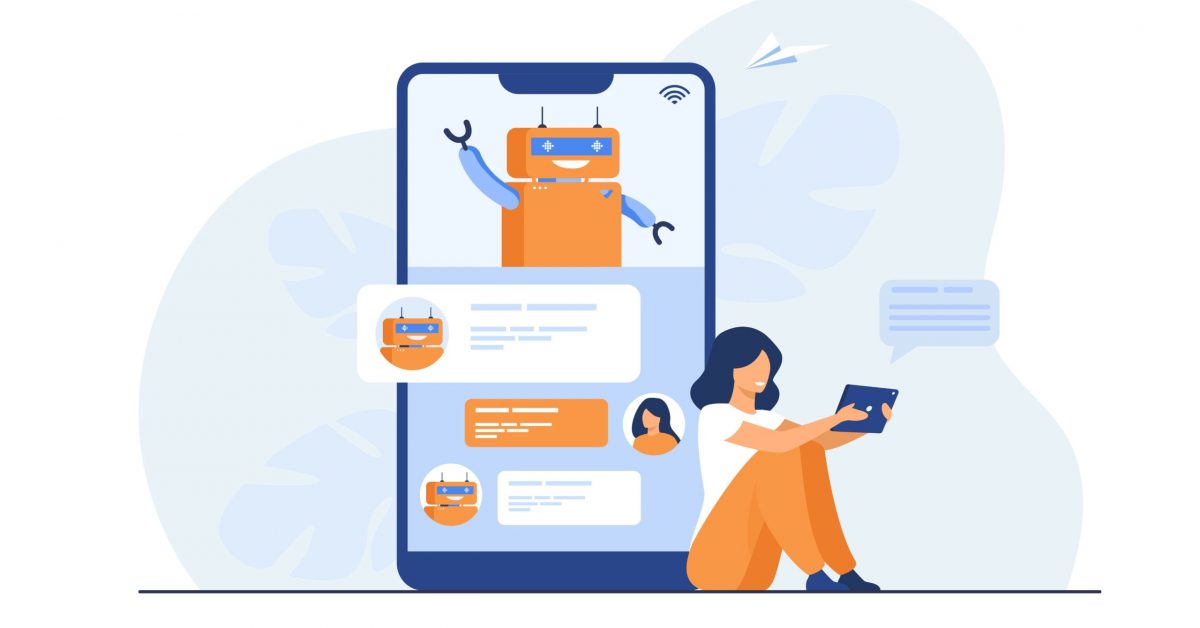 Tiny woman using mobile assistant with chatbot isolated flat vector illustration. Modern customer support online. Conversation and digital technology concept